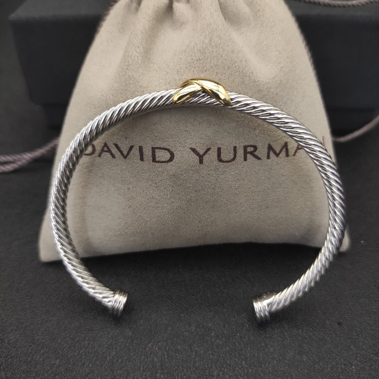 David Yurman Silver Cable Bangle with Gold Accents